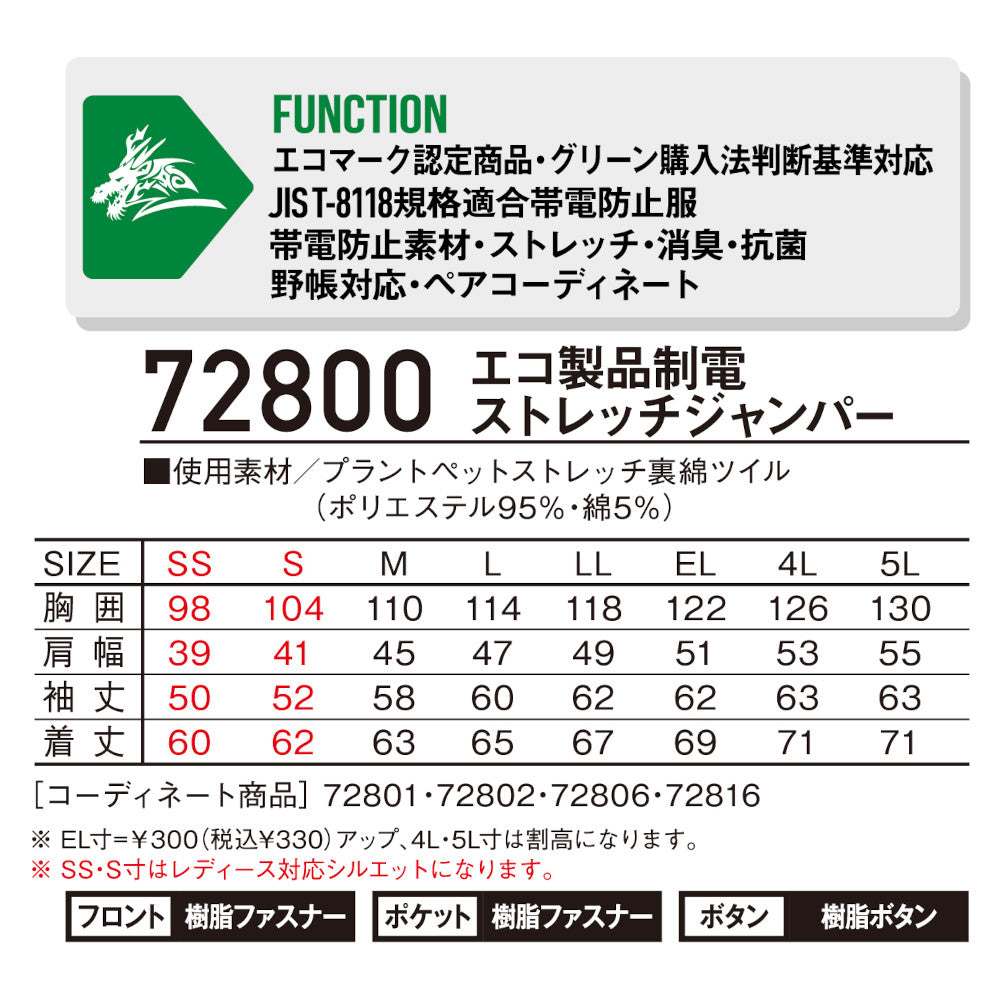 Z-DRAGON GREEN エコ製品制電ストレッチジャンパー 72800