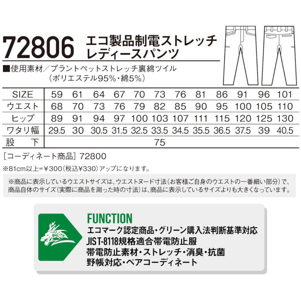 Z-DRAGON GREEN エコ製品制電ストレッチレディースパンツ 72806