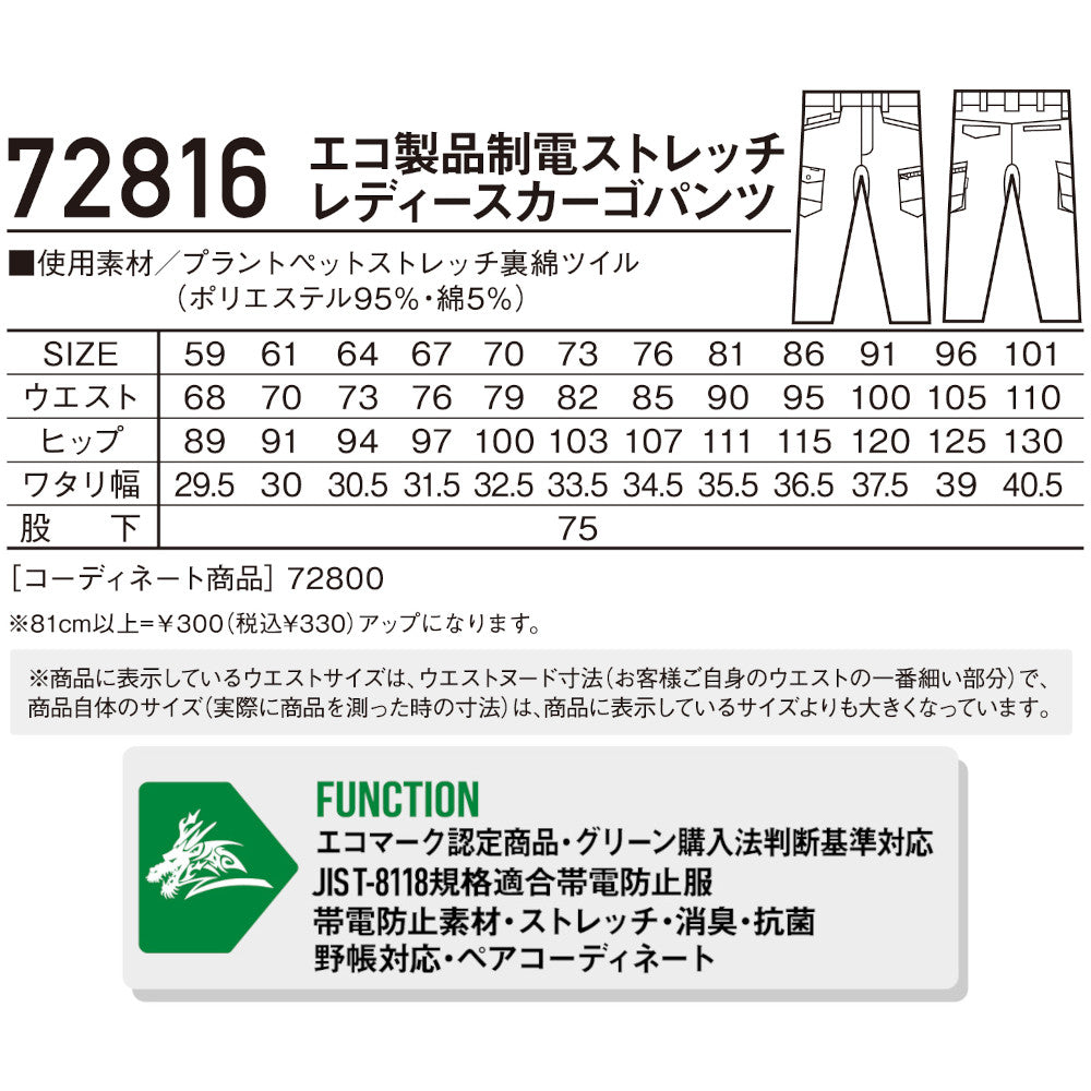 Z-DRAGON GREEN エコ製品制電ストレッチレディースカーゴパンツ 72816