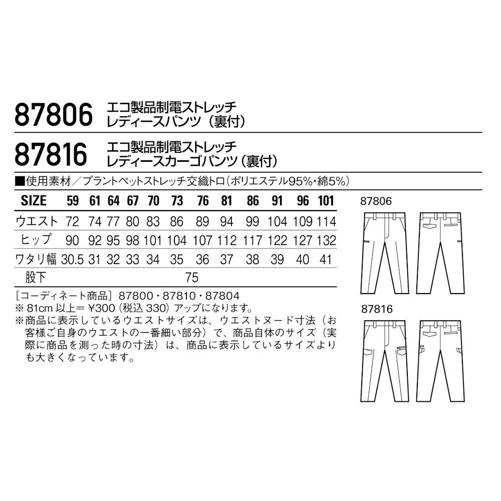 エコ製品制電ｽﾄﾚｯﾁレディースカーゴﾊﾟﾝﾂ 87816